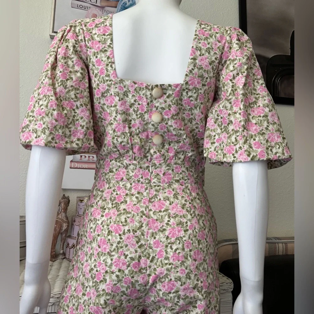 Sézane Claude Jumpsuit Wide Legs Balloon Sleeves Linen/Cotton Pink Green Size 2